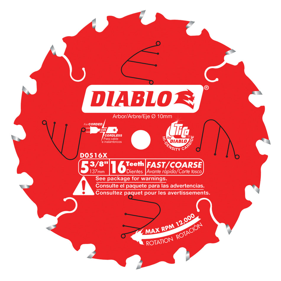 DIABLO® D0516X Saw Blade, 5-3/8 in Dia, ATB Teeth, 16-Teeth, 18 deg Hook, Coarse Grade, 10 mm Arbor