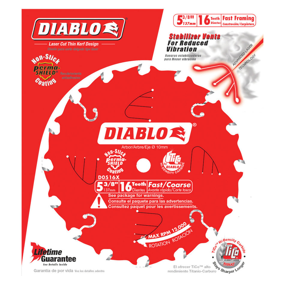 DIABLO® D0516X Saw Blade, 5-3/8 in Dia, ATB Teeth, 16-Teeth, 18 deg Hook, Coarse Grade, 10 mm Arbor