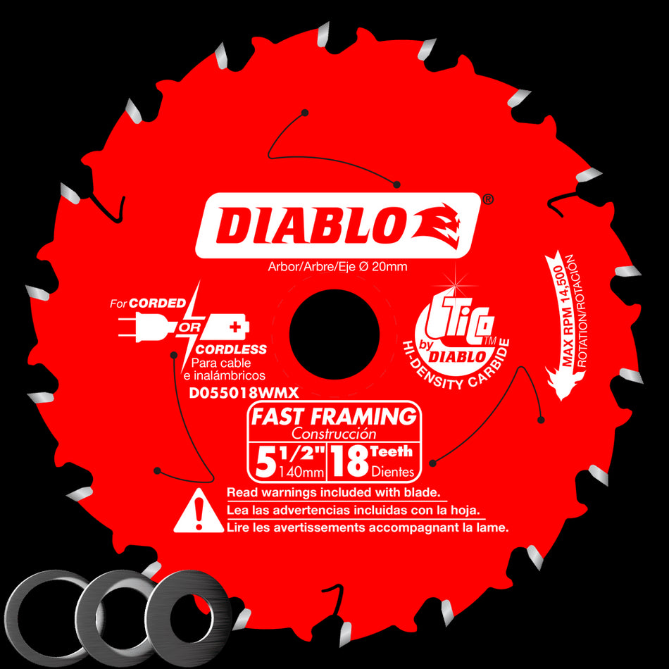 DIABLO® D055018WMX Saw Blade, 5-1/2 in Dia, 0.049 in W Cut, ATB, Thin Kerf Teeth, 18-Teeth, 18 deg Hook