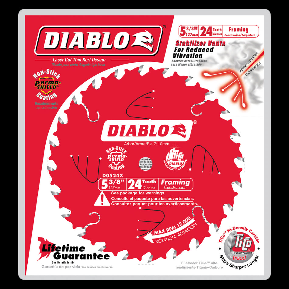 DIABLO® D055018WMX Saw Blade, 5-1/2 in Dia, 0.049 in W Cut, ATB, Thin Kerf Teeth, 18-Teeth, 18 deg Hook