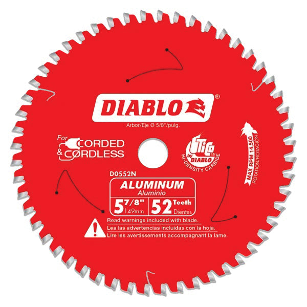 DIABLO® D0552N Saw Blade, 5-7/8 in Dia, TCG Teeth, 52-Teeth,-5 deg Hook, 5/8 in Arbor, 14500 rpm Max Speed