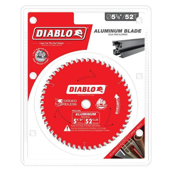 DIABLO® D0552N Saw Blade, 5-7/8 in Dia, TCG Teeth, 52-Teeth,-5 deg Hook, 5/8 in Arbor, 14500 rpm Max Speed