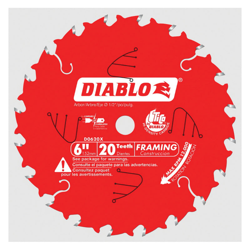 DIABLO® D0620X Framing Saw Blade, 6 in Dia, ATB Teeth, 20-Teeth, 18 deg Hook, 1/2 in Arbor, 12000 rpm Max Speed