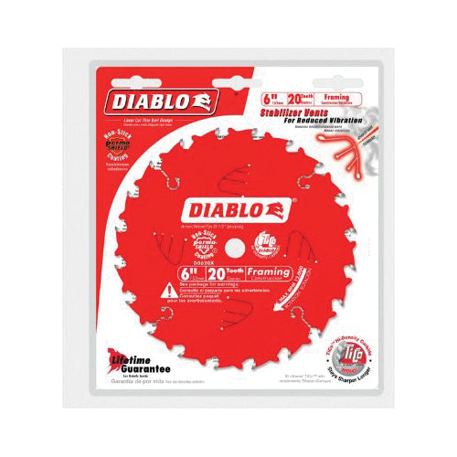 DIABLO® D0620X Framing Saw Blade, 6 in Dia, ATB Teeth, 20-Teeth, 18 deg Hook, 1/2 in Arbor, 12000 rpm Max Speed