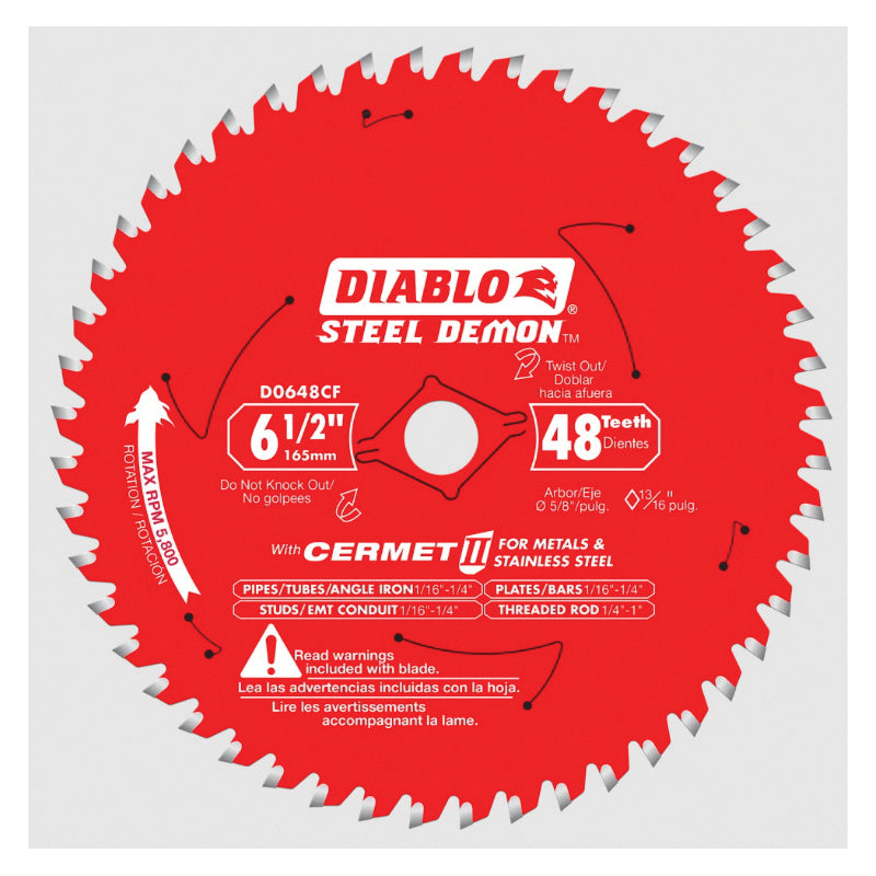 DIABLO® Steel Demon D0648CFA Saw Blade, 6-1/2 in Dia, TCG Teeth, 48-Teeth, 0 deg Hook, 5/8 in Arbor, 5800 rpm Max Speed