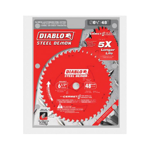 DIABLO® Steel Demon D0648CFA Saw Blade, 6-1/2 in Dia, TCG Teeth, 48-Teeth, 0 deg Hook, 5/8 in Arbor, 5800 rpm Max Speed