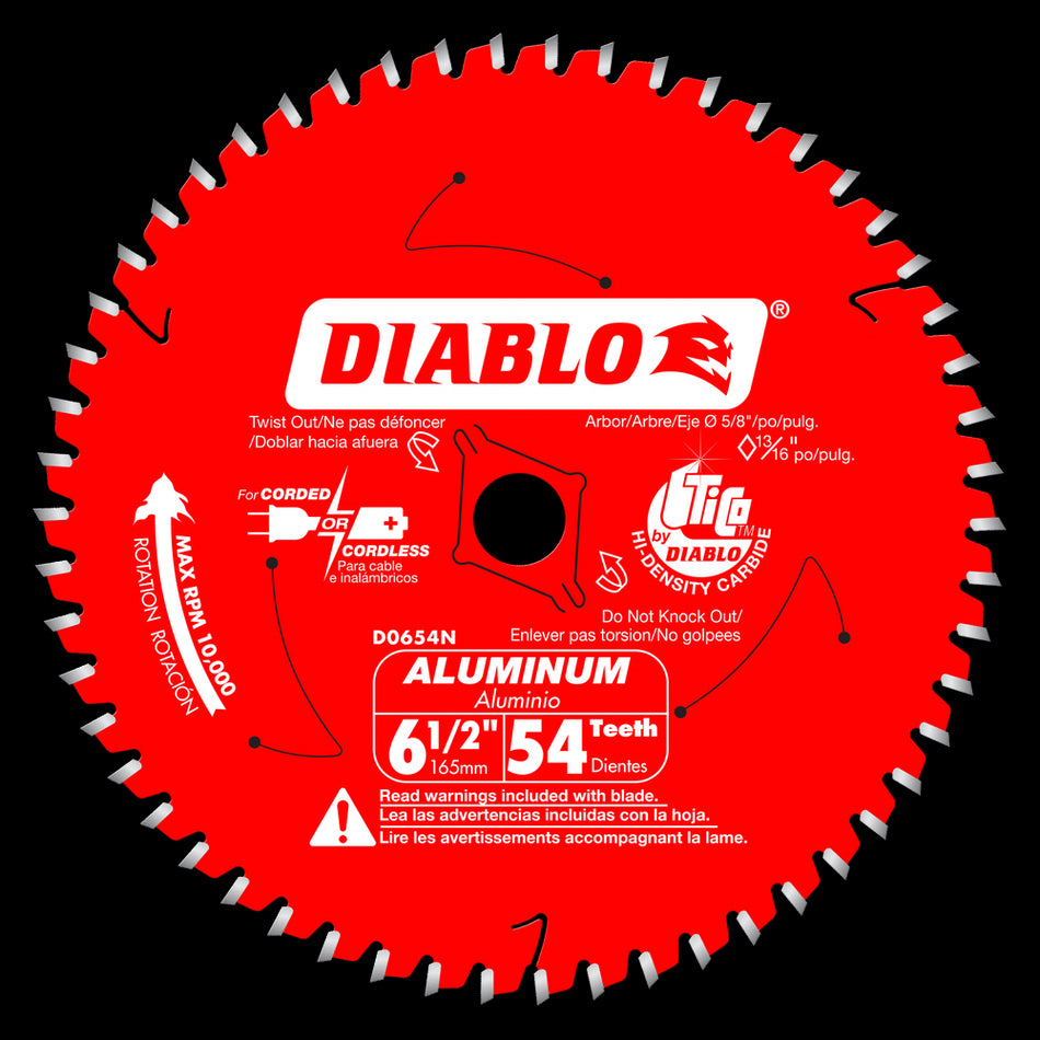 DIABLO® D0654N Saw Blade, 6-1/2 in Dia, TCG Teeth, 54-Teeth, 5/8 in Arbor, 10000 rpm Max Speed