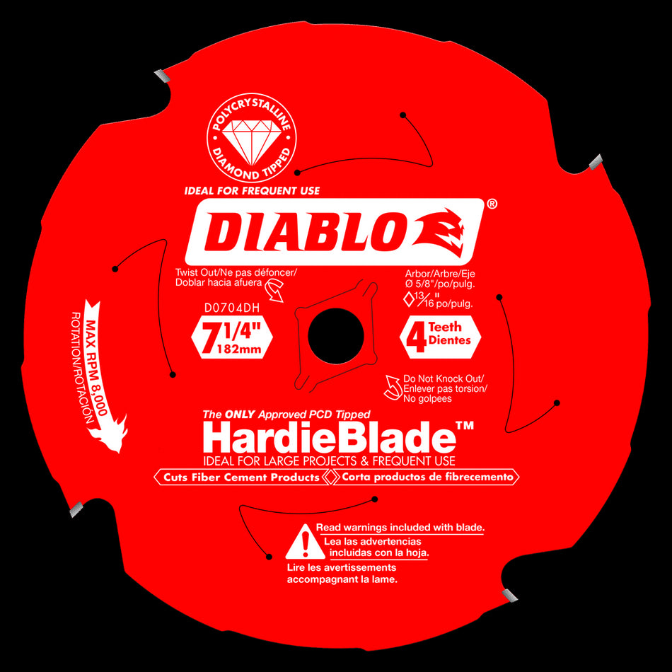 DIABLO® HardieBlade™ D0704DHA Saw Blade, 7-1/4 in Dia, 0.071 in W Cut, TCG Teeth, 4-Teeth, 10 deg Hook