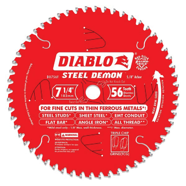 DIABLO® Steel Demon D0756F Saw Blade, 7-1/4 in Dia, TCG Teeth, 56-Teeth, 2 deg Hook, 5/8 in Arbor, 5800 rpm Max Speed