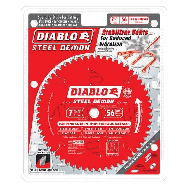 DIABLO® Steel Demon D0756F Saw Blade, 7-1/4 in Dia, TCG Teeth, 56-Teeth, 2 deg Hook, 5/8 in Arbor, 5800 rpm Max Speed