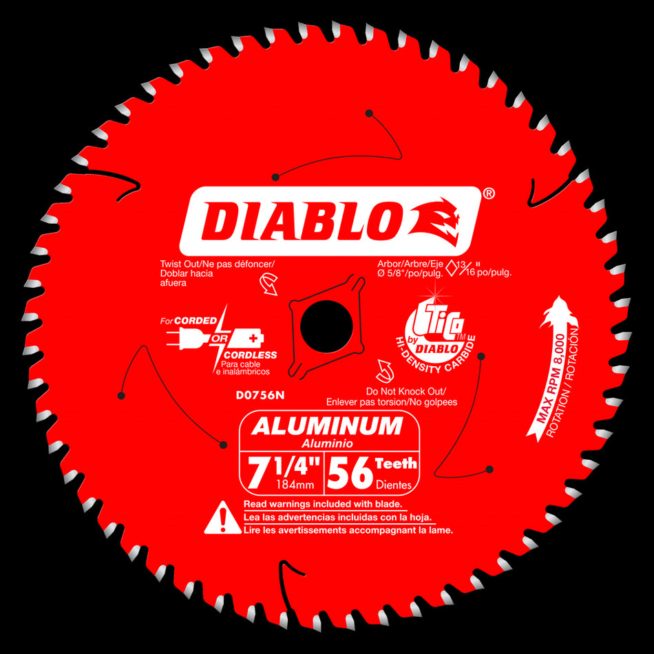 DIABLO® D0756NA Saw Blade, 7-1/4 in Dia, 0.106 in W Cut, TCG Teeth, 56-Teeth,-6 deg Hook, 5/8 in Arbor