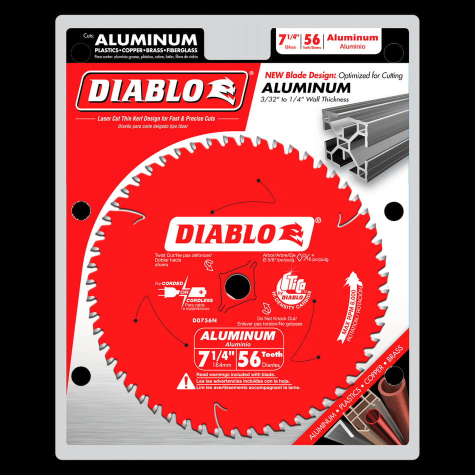 DIABLO® D0756NA Saw Blade, 7-1/4 in Dia, 0.106 in W Cut, TCG Teeth, 56-Teeth,-6 deg Hook, 5/8 in Arbor