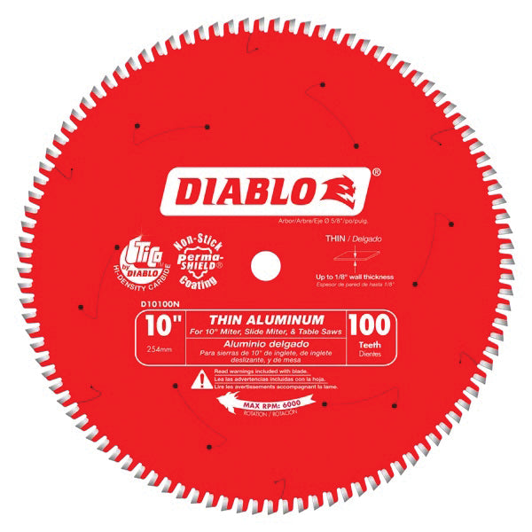 DIABLO® D10100N Saw Blade, 10 in Dia, TCG Teeth, 100-Teeth,-5 deg Hook, 5/8 in Arbor, 6000 rpm Max Speed