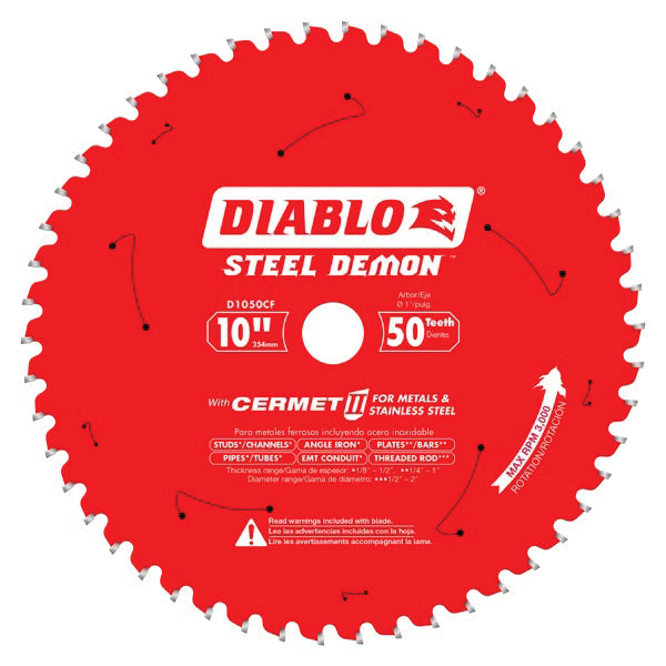 DIABLO® Steel Demon D1050CF Saw Blade, 10 in Dia, TCG Teeth, 50-Teeth, 0 deg Hook, 1 in Arbor, 3000 rpm Max Speed