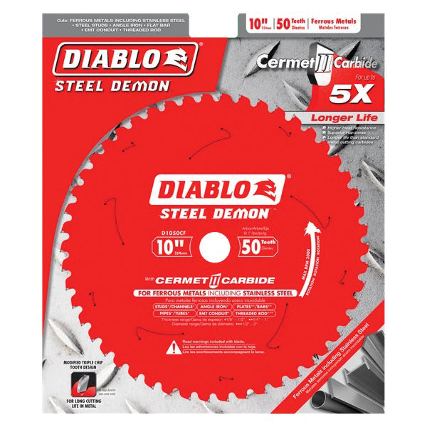 DIABLO® Steel Demon D1050CF Saw Blade, 10 in Dia, TCG Teeth, 50-Teeth, 0 deg Hook, 1 in Arbor, 3000 rpm Max Speed