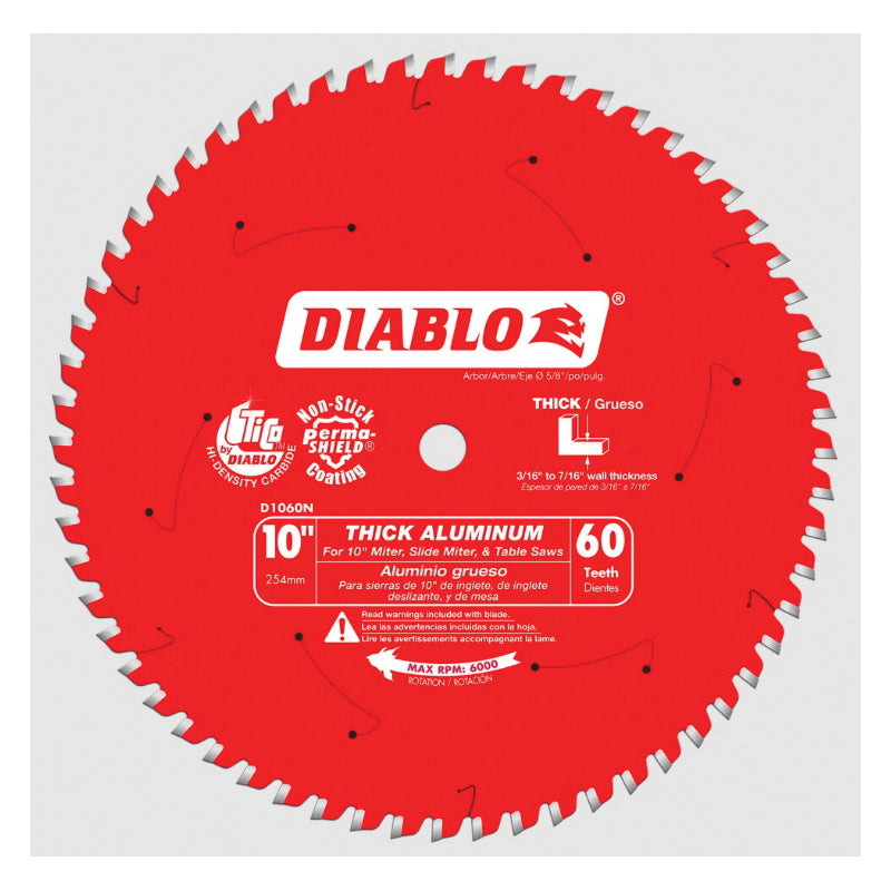 DIABLO® D1060N Saw Blade, 10 in Dia, TCG Teeth, 60-Teeth,-5 deg Hook, 5/8 in Arbor, 6000 rpm Max Speed, Aluminum Blade