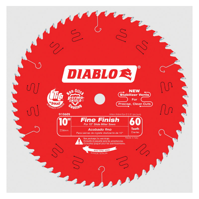 DIABLO® D1060S Slide Miter Saw Blade, 10 in Dia, 0.087 in W Cutting, 5/8 in Arbor Hole, 60-Teeth, 6000 rpm Max Speed