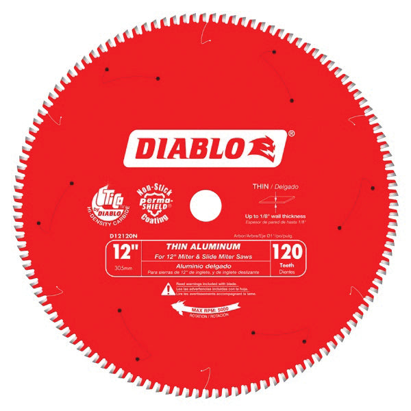 DIABLO® D12120N Saw Blade, 12 in Dia, TCG Teeth, 120-Teeth,-5 deg Hook, 1 in Arbor, 5000 rpm Max Speed, Aluminum Blade