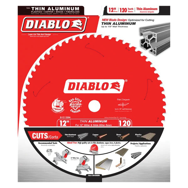 DIABLO® D12120N Saw Blade, 12 in Dia, TCG Teeth, 120-Teeth,-5 deg Hook, 1 in Arbor, 5000 rpm Max Speed, Aluminum Blade