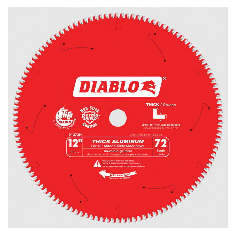 DIABLO® D1272N Saw Blade, 12 in Dia, TCG Teeth, 72-Teeth,-5 deg Hook, 1 in Arbor, 5000 rpm Max Speed, Aluminum Blade