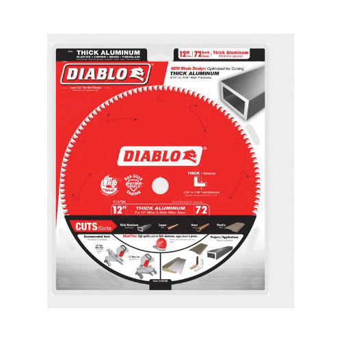 DIABLO® D1272N Saw Blade, 12 in Dia, TCG Teeth, 72-Teeth,-5 deg Hook, 1 in Arbor, 5000 rpm Max Speed, Aluminum Blade