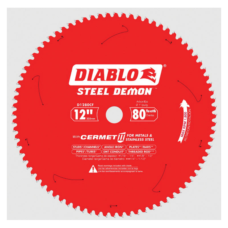 DIABLO® Steel Demon D1280CF Saw Blade, 12 in Dia, TCG Teeth, 80-Teeth, 0 deg Hook, 1 in Arbor, 1800 rpm Max Speed