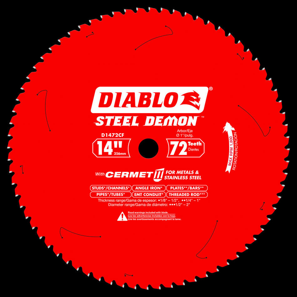 DIABLO® Steel Demon™ D1472CF Cermet II Saw Blade, 14 in Dia, TCG Teeth, 72-Teeth, 0 deg Hook, 1 in Arbor