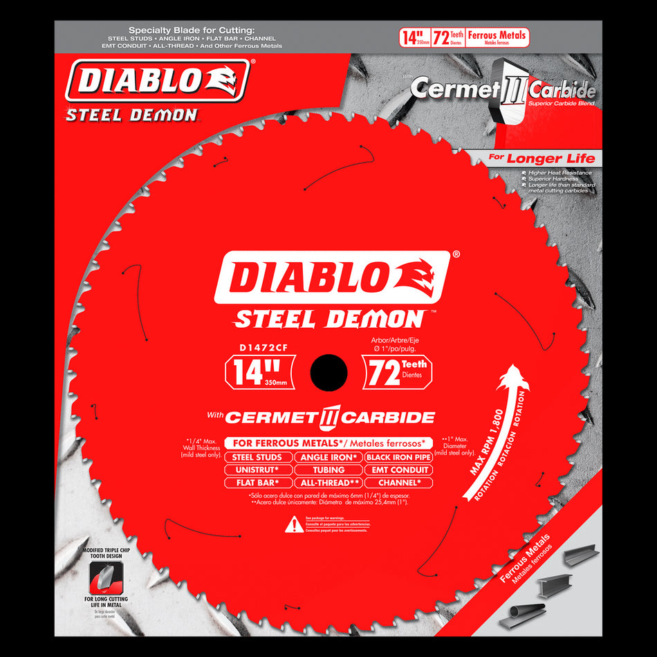 DIABLO® Steel Demon™ D1472CF Cermet II Saw Blade, 14 in Dia, TCG Teeth, 72-Teeth, 0 deg Hook, 1 in Arbor