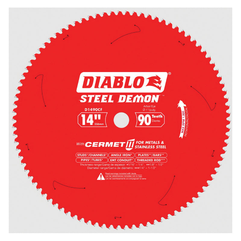 DIABLO® Steel Demon D1490CF Saw Blade, 14 in Dia, TCG Teeth, 90-Teeth, 0 deg Hook, 1 in Arbor, 1800 rpm Max Speed