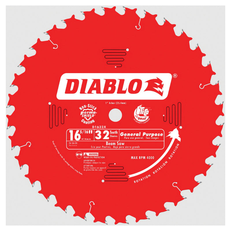 DIABLO® D1632X General Purpose Saw Blade, 16-5/16 in Dia, ATB Teeth, 32-Teeth, 22 deg Hook, 1 in Arbor