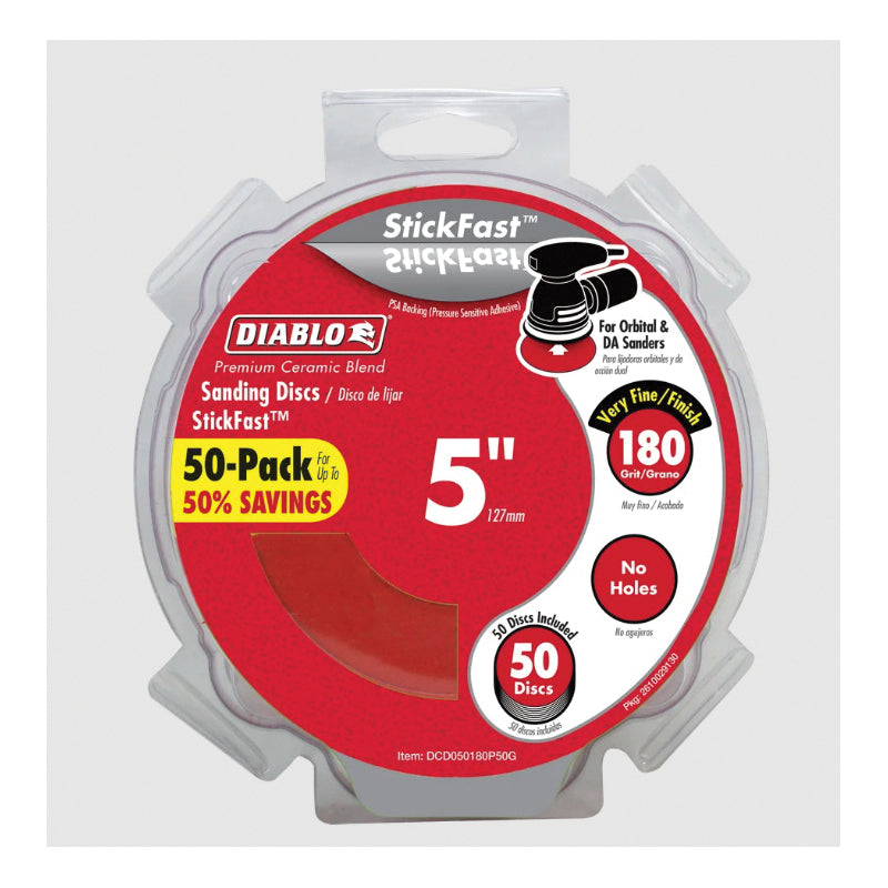 DIABLO® StickFast™ DCD050180P50G Random Orbital Sanding Disc, 5 in Dia, 180 Grit, Fine Grit, Ceramic Blend Abrasive