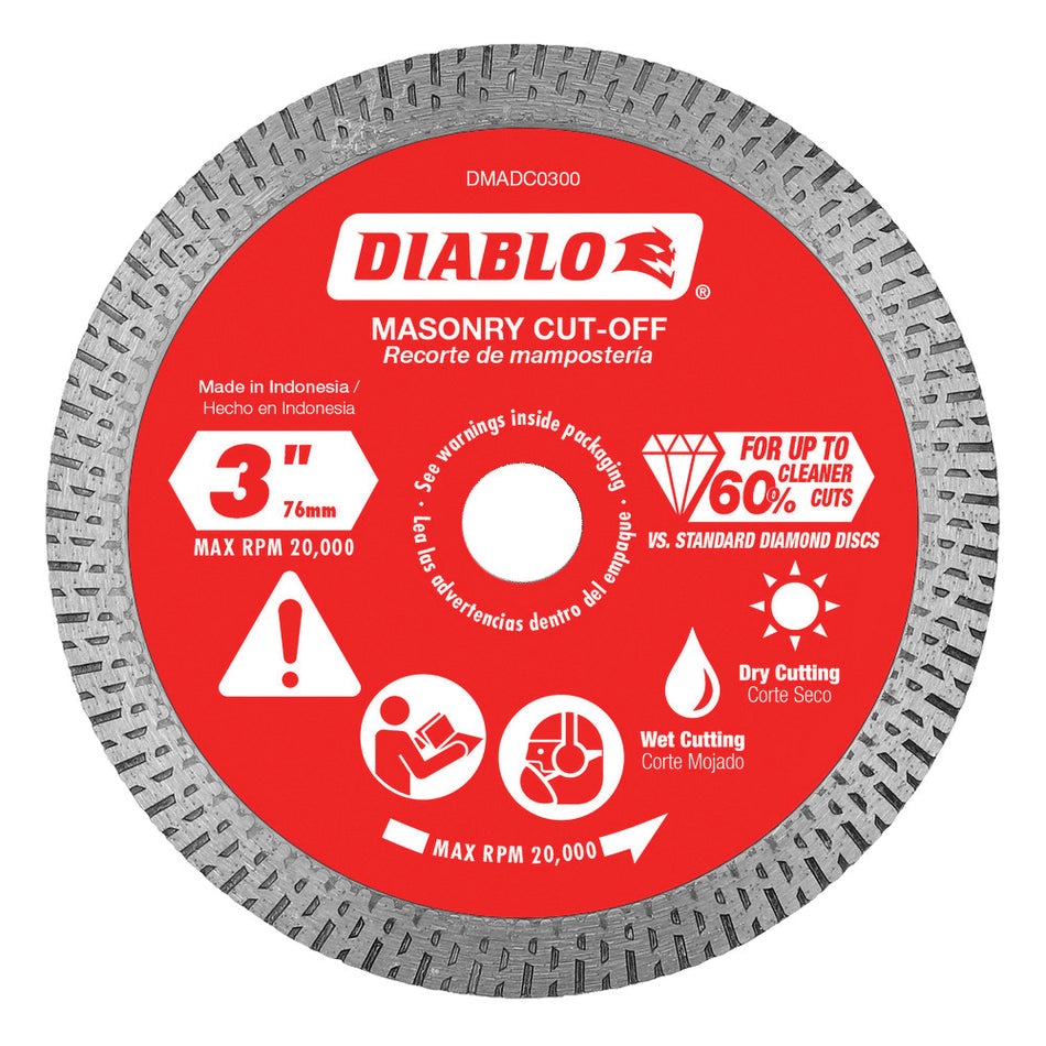 DIABLO® DMADC0300 Diamond Continuous Disc, Rim Cut-Off Wheel/Disc, 3 in Dia, 1.3 mm Thick, 3/8 in Arbor