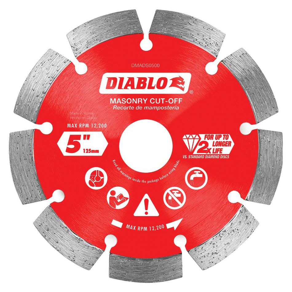 DIABLO® DMADS0500 Cut-Off Disc, 5 in Dia, Segmented Rim, 20 mm, 5/8 in, 7/8 in Arbor, 12200 rpm Max Speed