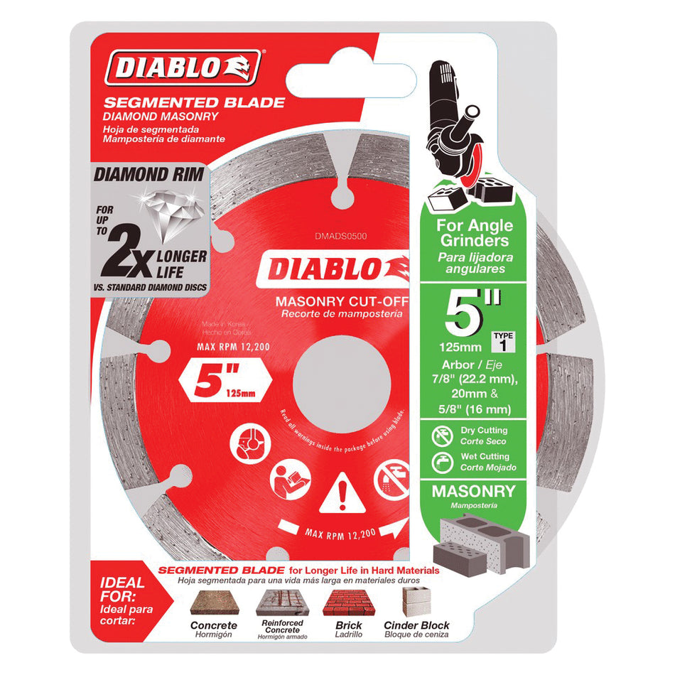 DIABLO® DMADS0500 Cut-Off Disc, 5 in Dia, Segmented Rim, 20 mm, 5/8 in, 7/8 in Arbor, 12200 rpm Max Speed