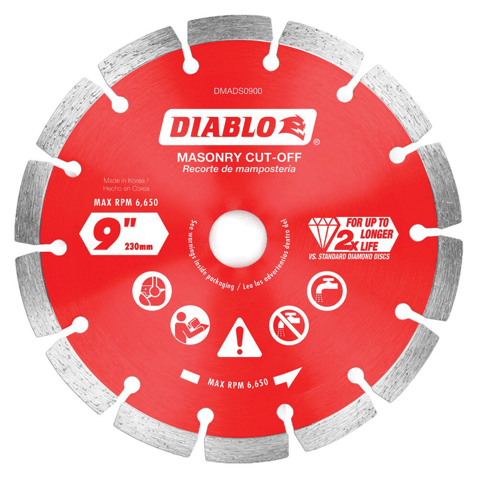 DIABLO® DMADS0900 Cut-Off Disc, 9 in Dia, Segmented Rim, 5/8, 7/8 in Arbor, 6650 rpm Max Speed, Diamond Cutting Edge