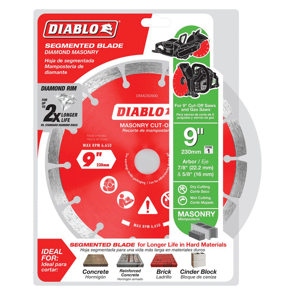 DIABLO® DMADS0900 Cut-Off Disc, 9 in Dia, Segmented Rim, 5/8, 7/8 in Arbor, 6650 rpm Max Speed, Diamond Cutting Edge