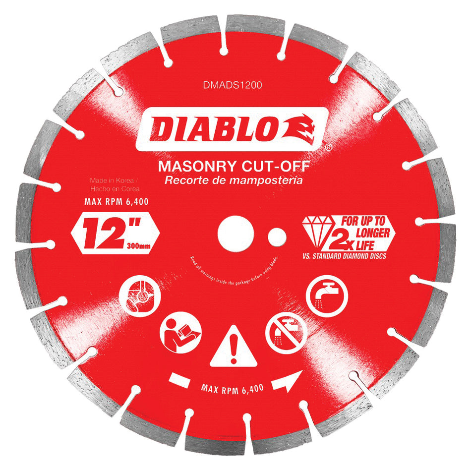 DIABLO® DMADS1200 Cut-Off Disc, 12 in Dia, Segmented Rim, 20 mm, 1 in Arbor, 6400 rpm Max Speed, Diamond Cutting Edge