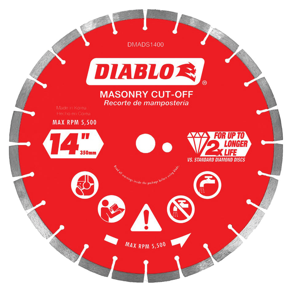 DIABLO® DMADS1400 Cut-Off Disc, 14 in Dia, Segmented Rim, 20 mm, 1 in Arbor, 5500 rpm Max Speed, Diamond Cutting Edge