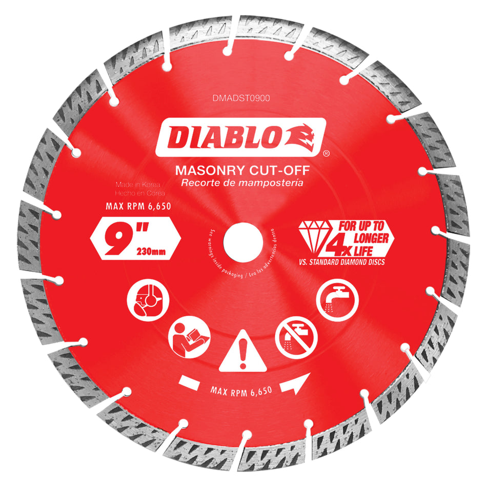 DIABLO® DMADST0900 Cut-Off Disc, 9 in Dia, Segmented Turbo Rim, 5/8, 7/8 in Arbor, 6650 rpm Max Speed