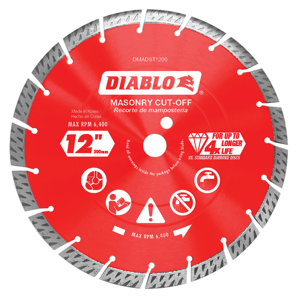 DIABLO® DMADST1200 Cut-Off Disc, 12 in Dia, Segmented Turbo Rim, 20 mm, 1 in Arbor, 6400 rpm Max Speed