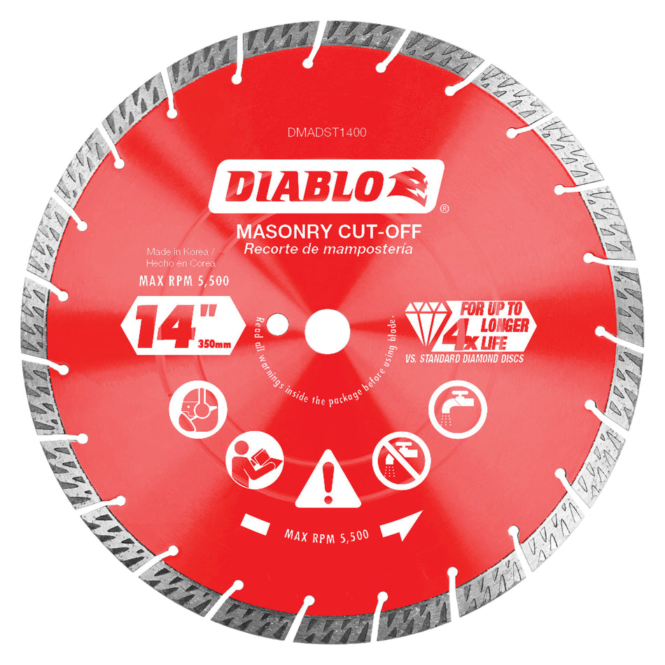 DIABLO® DMADST1400 Cut-Off Disc, 14 in Dia, Segmented Turbo Rim, 20 mm, 1 in Arbor, 5500 rpm Max Speed