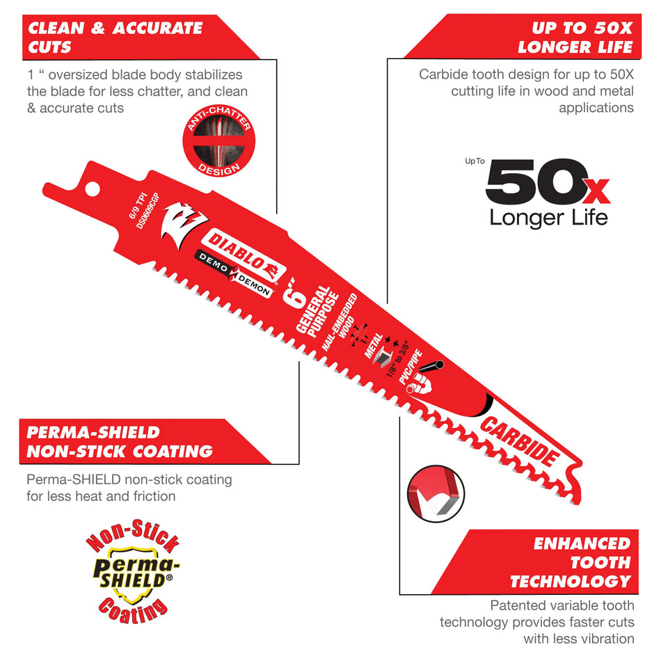 DIABLO® Demo Demon™ DS1209CGP10 General Purpose Reciprocating Blade, 12 in L, Variable Tooth Teeth, Fast, Straight Cut