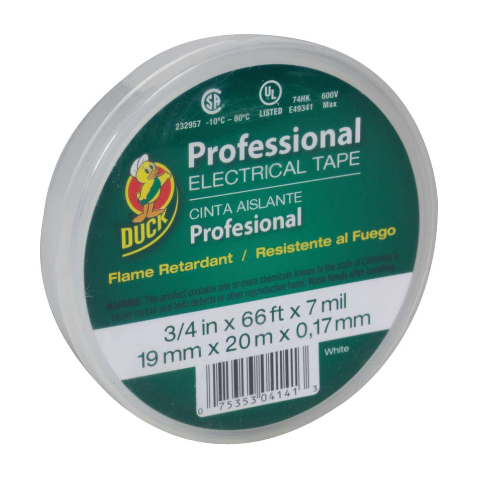 DUCK® 300877 Professional Electrical Tape, 7 mil Thick, 3/4 in W, 66 ft L, White, Vinyl Backing