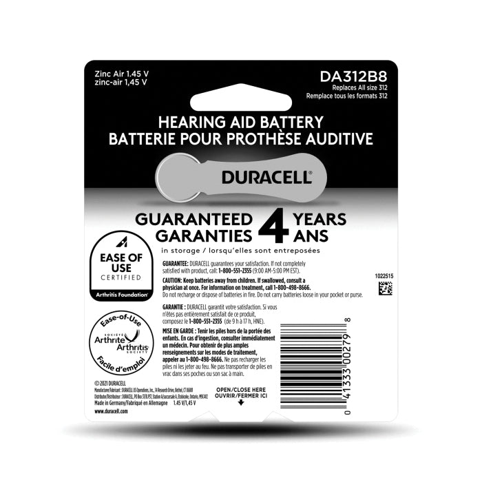 DURACELL® DA312B8ZM09 Hearing Aid Battery, Zinc Air, 312, 185 mAh, 1.45 V Nominal