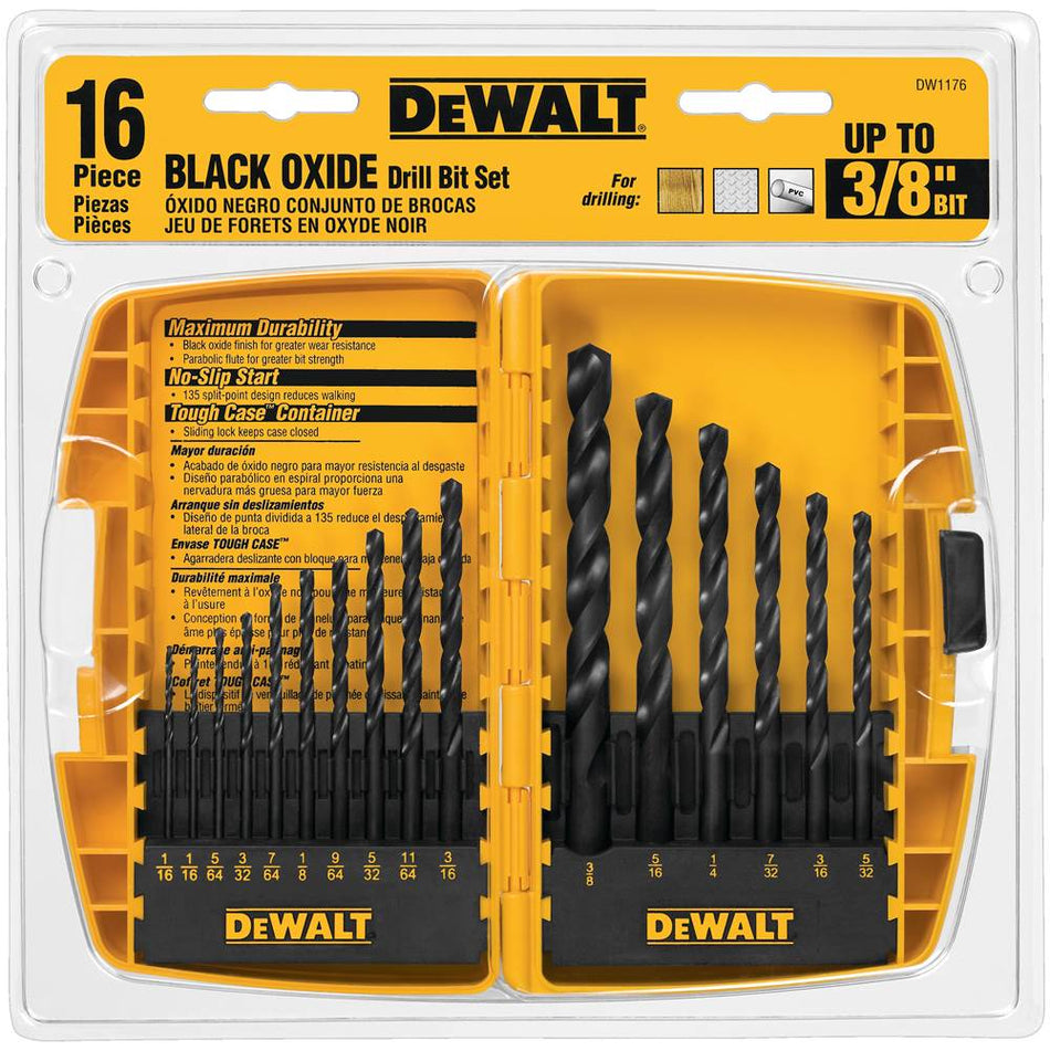 DeWALT® DW1176 Drill Bit Set, 1/16 in Min Drill Bit, 3/8 in Max Drill Bit, 16 -Piece, Black Oxide