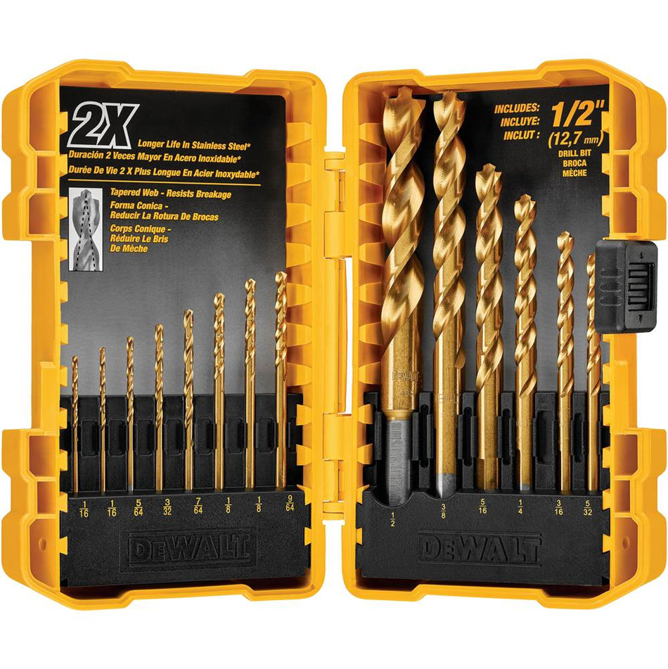 DeWALT® DW1354 Jobber Length Drill Bit Set, 1/16 in Min Drill Bit, 1/2 in Max Drill Bit, 135 deg Point, 14 -Piece, HSS