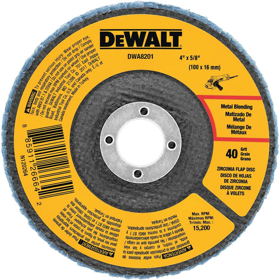 DeWALT® DWA8207 Flap Disc, Type 29 Disc, 4-1/2 in Dia, 7/8 in Center Hole, 60 Grit, Zirconia Abrasive, Cloth Backing