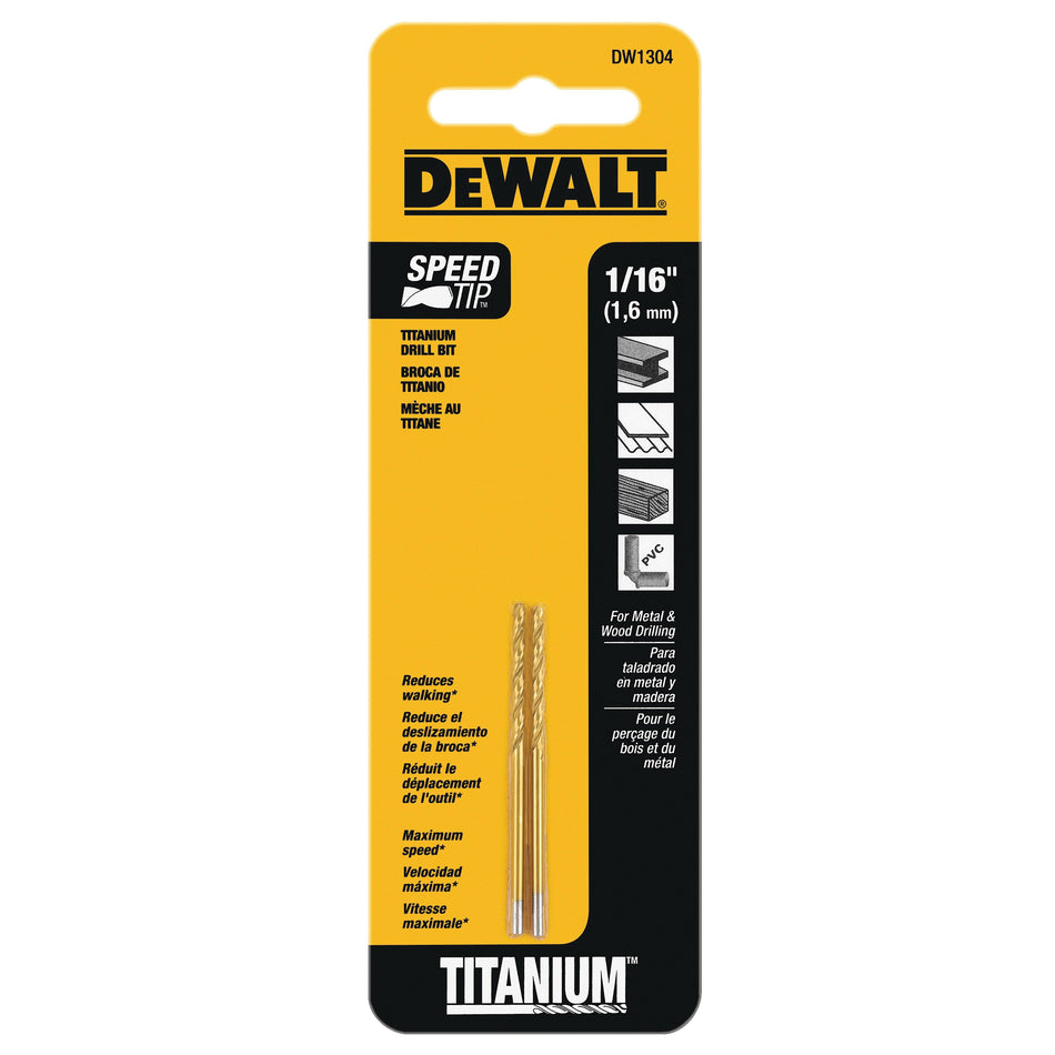 DeWALT® DW1304 Drill Bit, 1/16 in Drill Fraction, 0.88 in L Flute, 1.88 in OAL, 135 deg Point, HSS, TiN-Coated