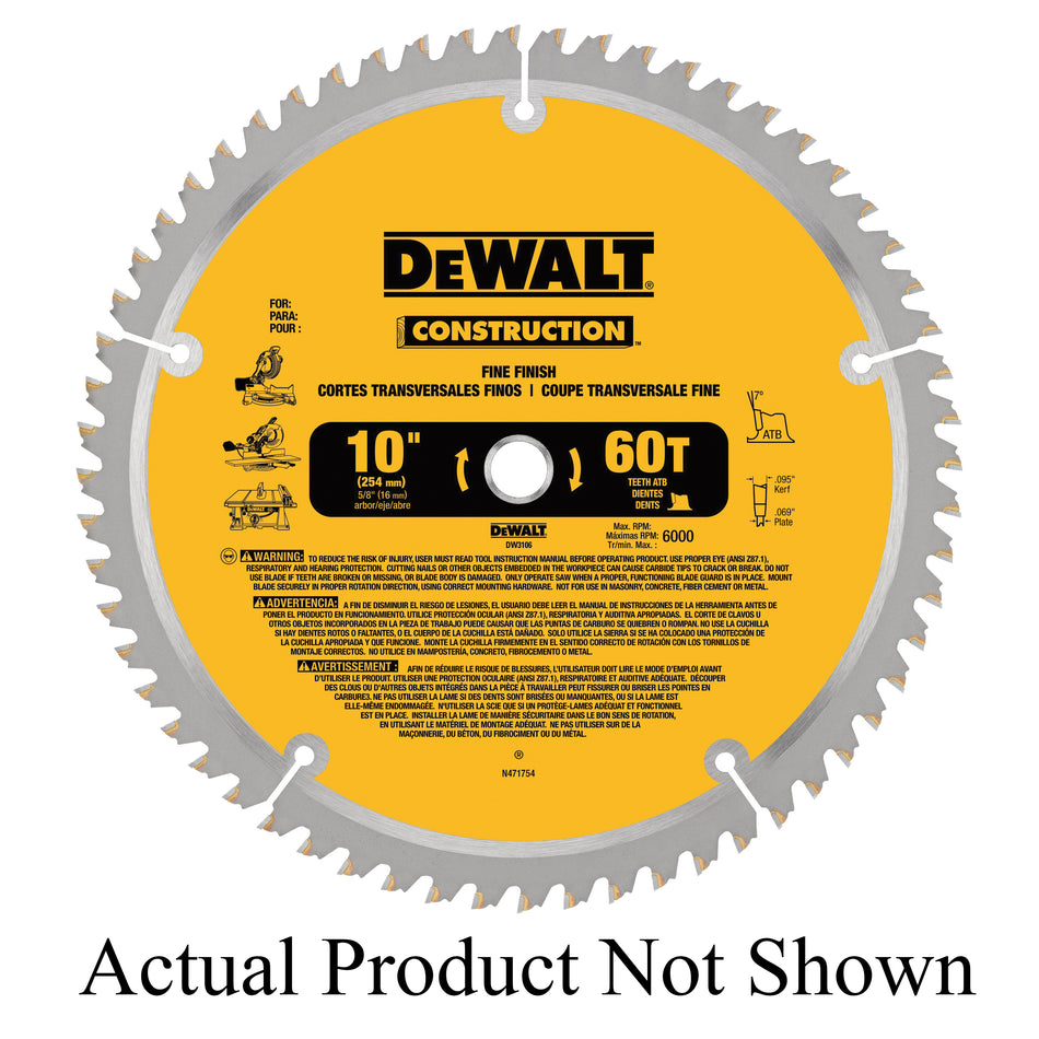 DeWALT® Construction™ DW3106P5 Miter/Table Saw Blade, 10 in Dia, 0.095 in W Cutting, 5/8 in Arbor Hole, 32/60-Teeth