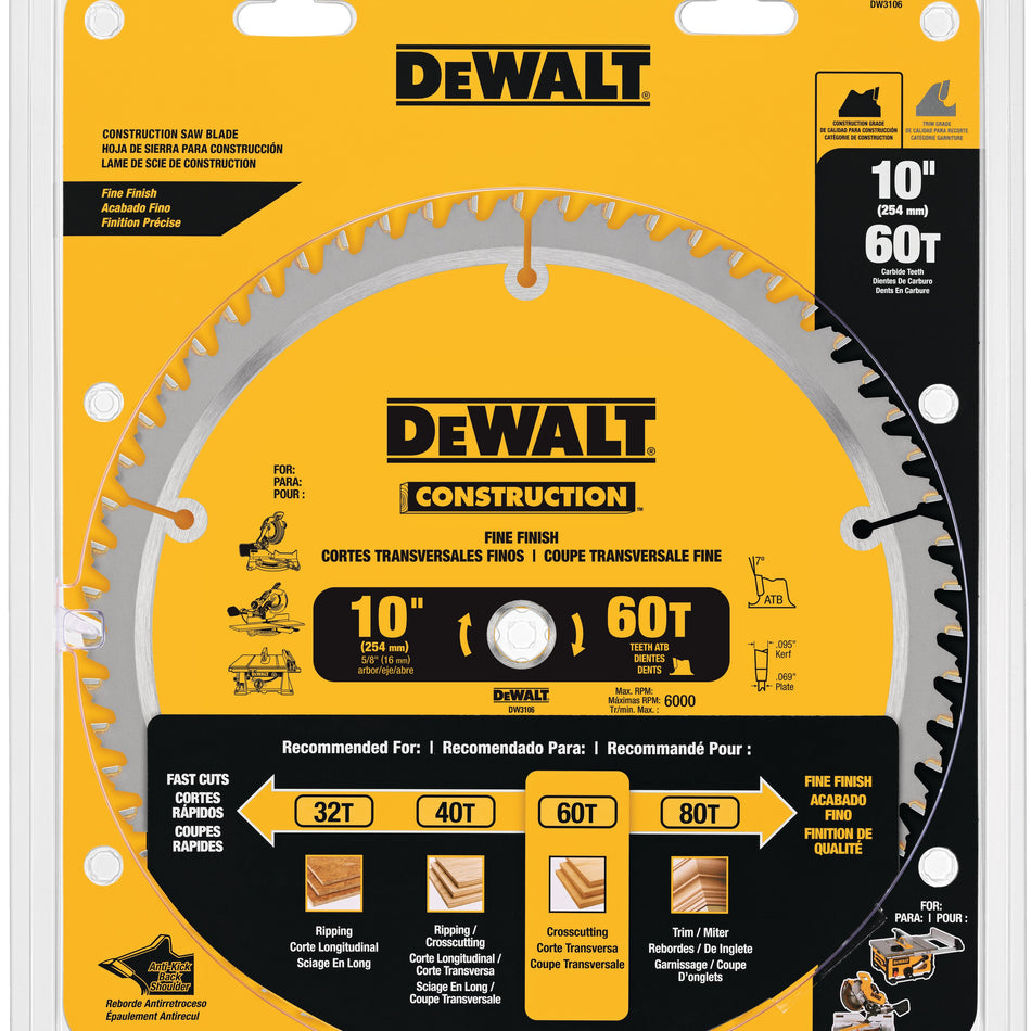 DeWALT® Construction™ DW3106P5 Miter/Table Saw Blade, 10 in Dia, 0.095 in W Cutting, 5/8 in Arbor Hole, 32/60-Teeth